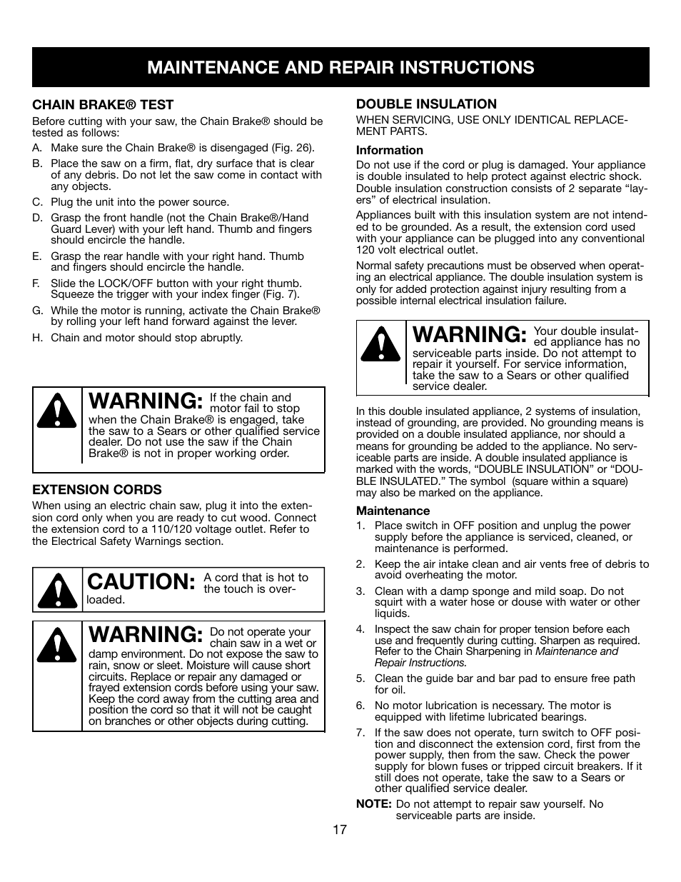 Warning, Caution, Maintenance and repair instructions | Craftsman 316.34107 User Manual | Page 17 / 23