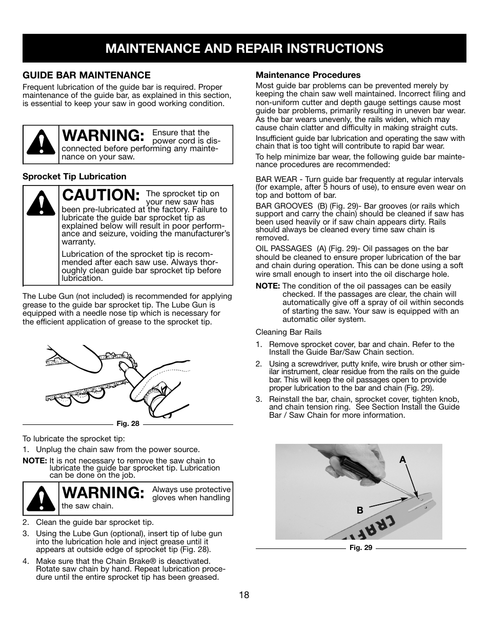 Caution, Warning, Maintenance and repair instructions | Craftsman 316.34107 User Manual | Page 18 / 23