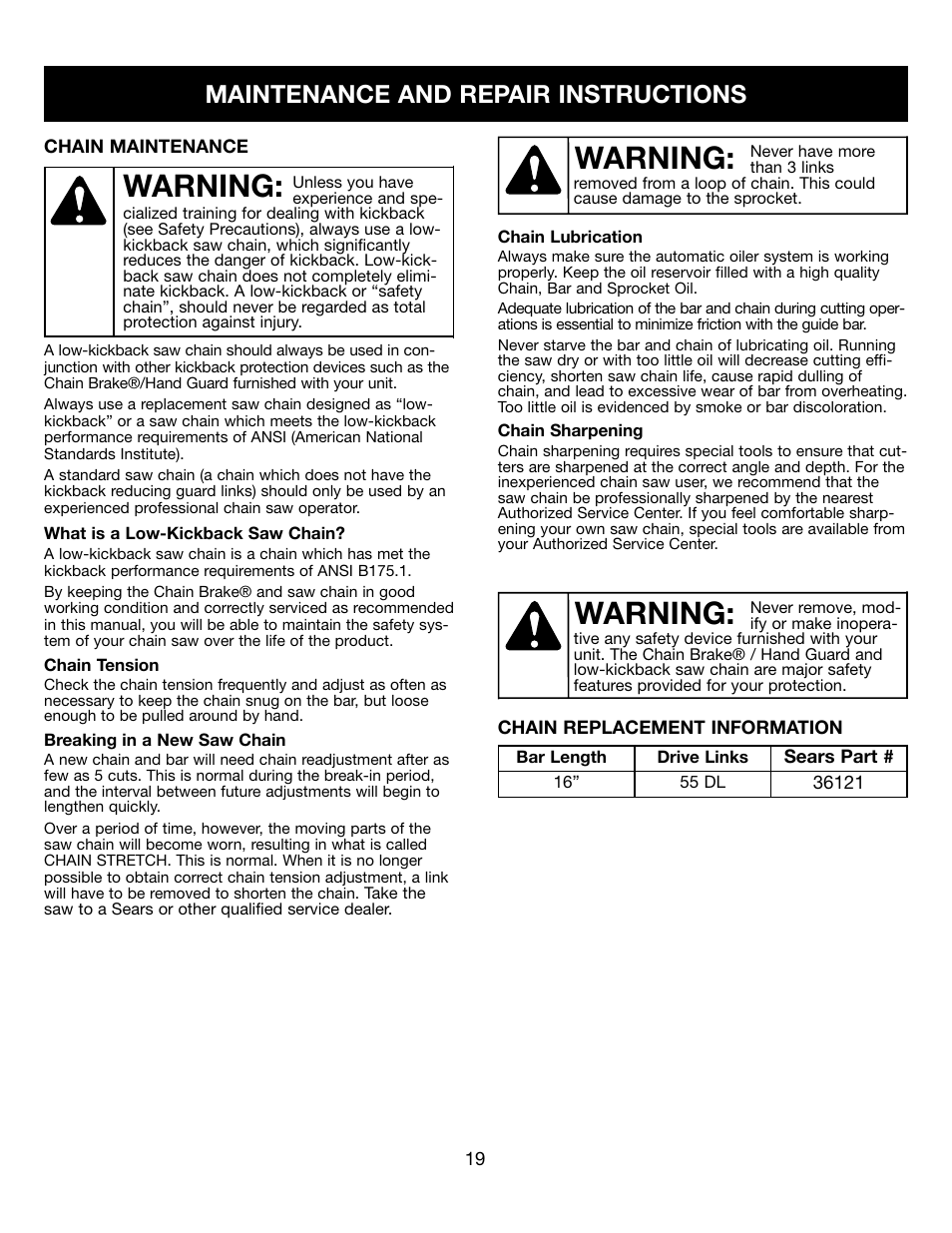 Warning, Maintenance and repair instructions | Craftsman 316.34107 User Manual | Page 19 / 23