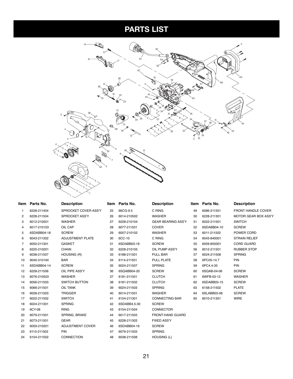 Parts list | Craftsman 316.34107 User Manual | Page 21 / 23