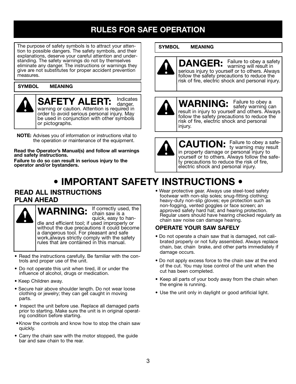 Warning: • important safety instructions, Warning, Danger | Caution, Safety alert, Rules for safe operation, Read all instructions plan ahead | Craftsman 316.34107 User Manual | Page 3 / 23