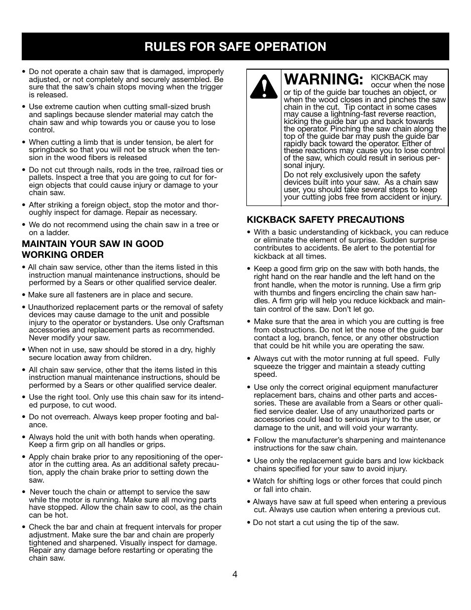 Warning, Rules for safe operation | Craftsman 316.34107 User Manual | Page 4 / 23