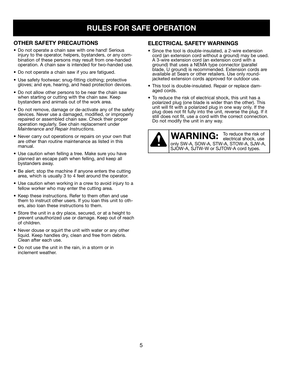 Warning, Rules for safe operation | Craftsman 316.34107 User Manual | Page 5 / 23