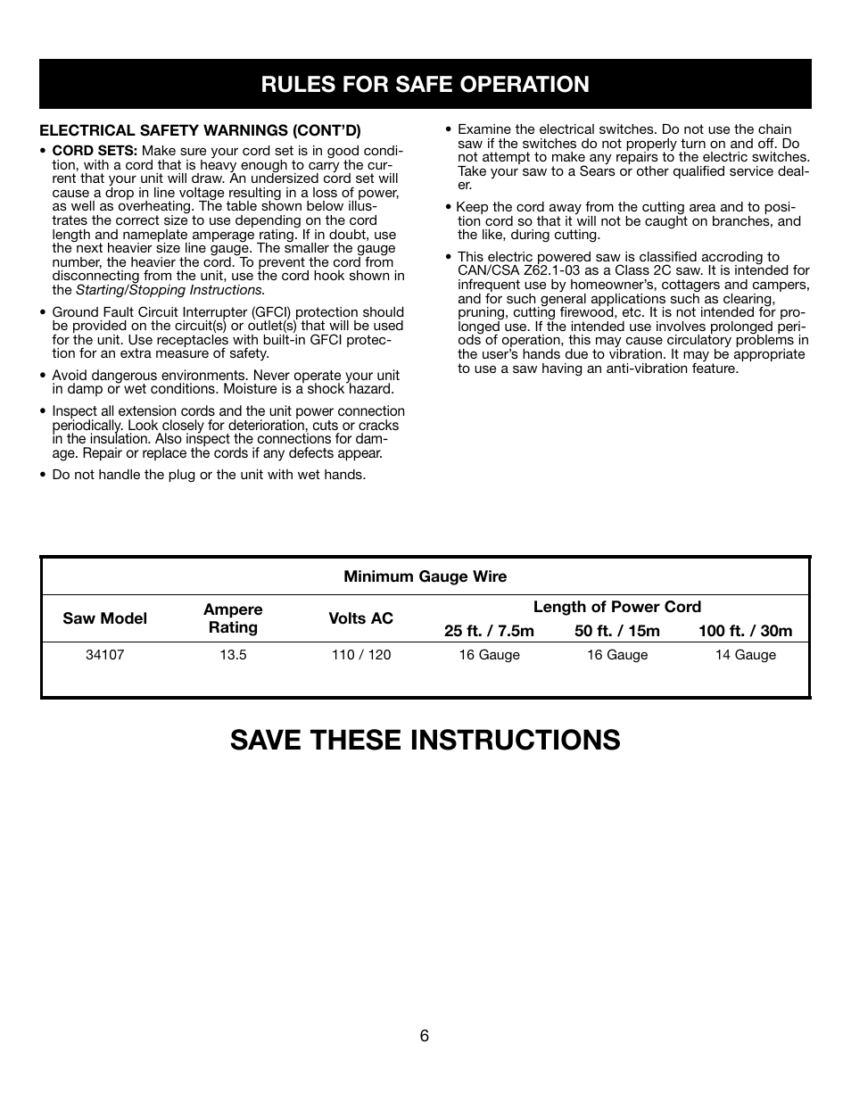 Save these instructions, Rules for safe operation | Craftsman 316.34107 User Manual | Page 6 / 23