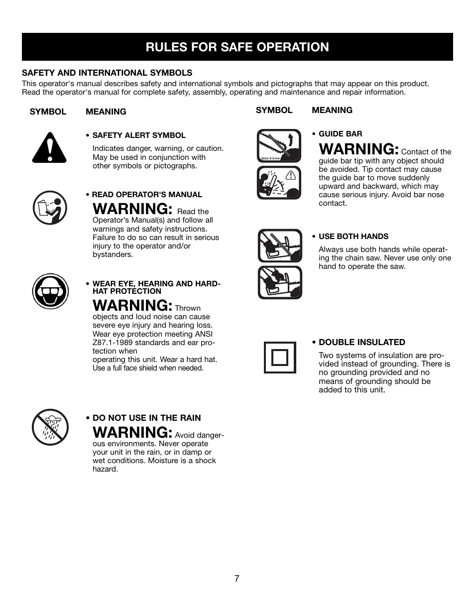 Warning, Rules for safe operation | Craftsman 316.34107 User Manual | Page 7 / 23