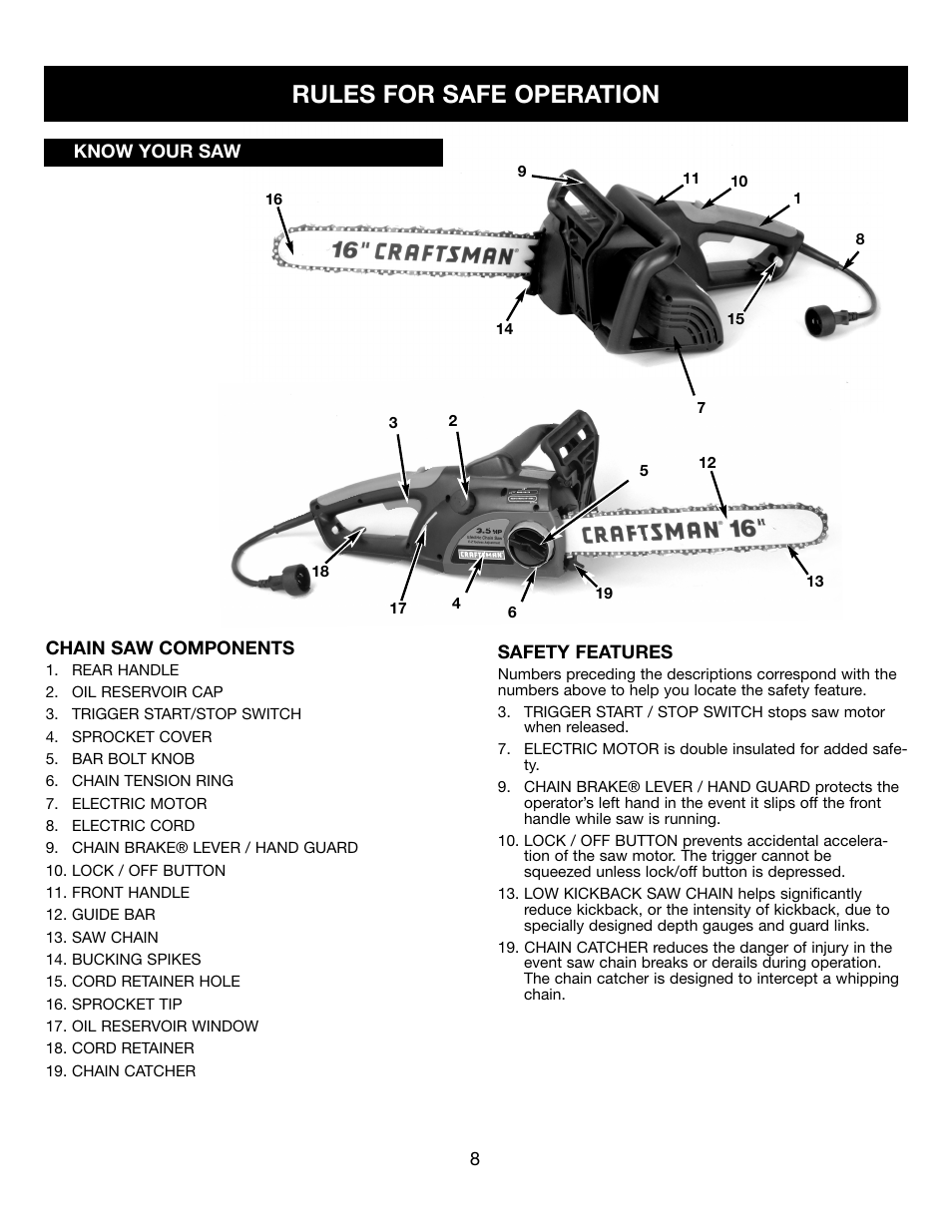 Rules for safe operation | Craftsman 316.34107 User Manual | Page 8 / 23