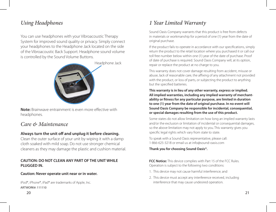 1 year limited warranty, Using headphones, Care & maintenance | Sound Oasis VTS-1000 User Manual | Page 12 / 14