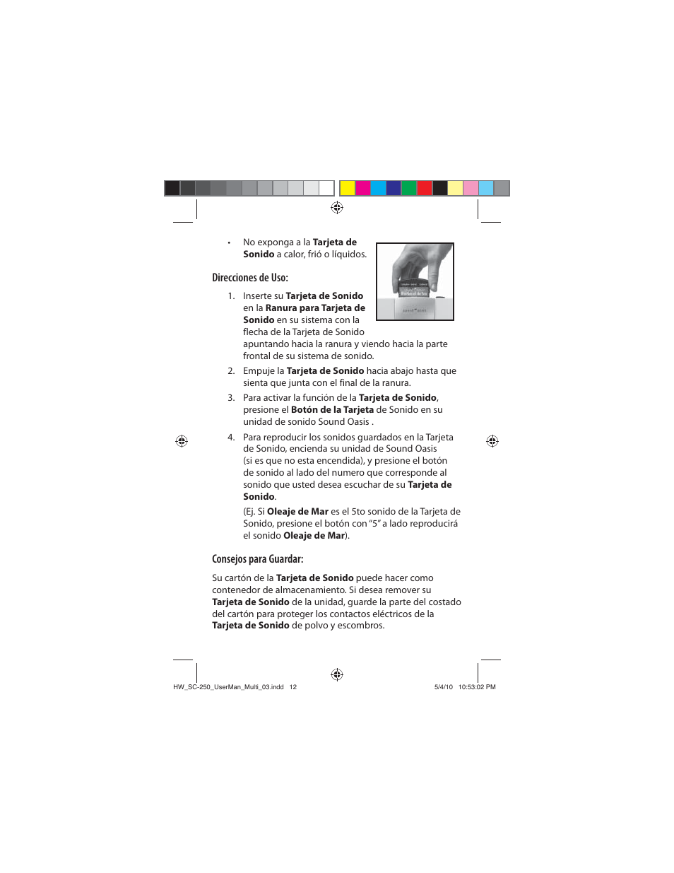 Direcciones de uso, Consejos para guardar | Sound Oasis SC-250-02 User Manual | Page 11 / 17