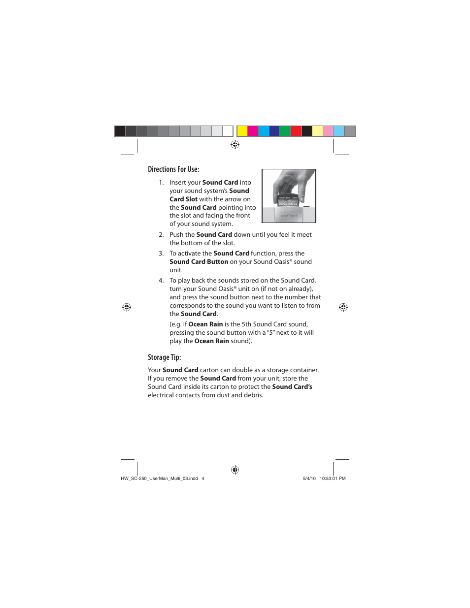 Directions for use, Storage tip | Sound Oasis SC-250-02 User Manual | Page 3 / 17
