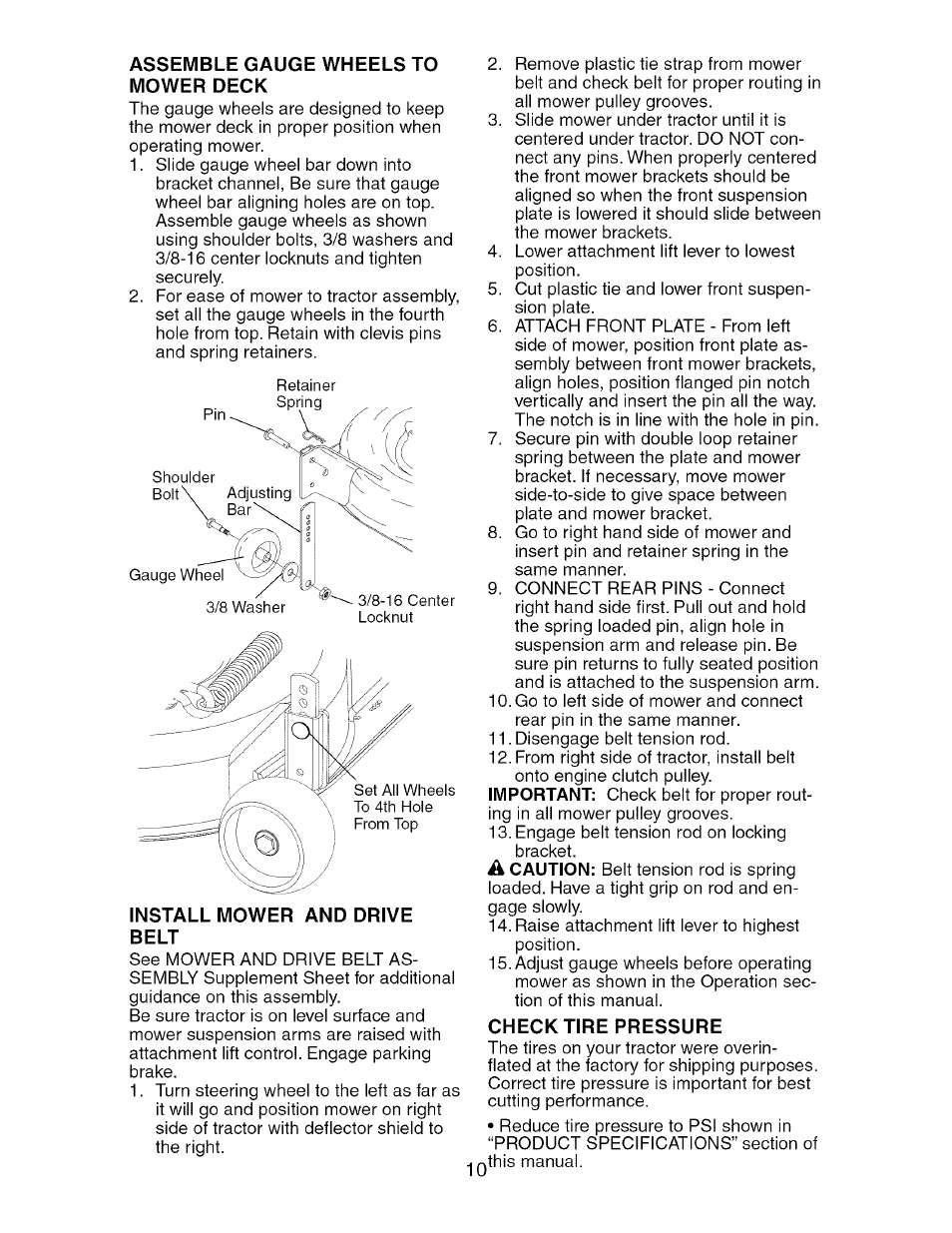 Assemble gauge wheels to mower deck, Check tire prg33ur | Craftsman 917.276240 User Manual | Page 10 / 60