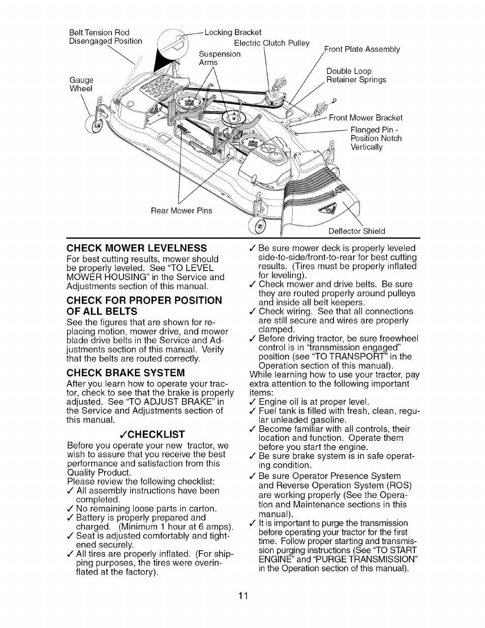 Check mower levelness, Check for proper position, Check brake system | Checklist | Craftsman 917.276240 User Manual | Page 11 / 60