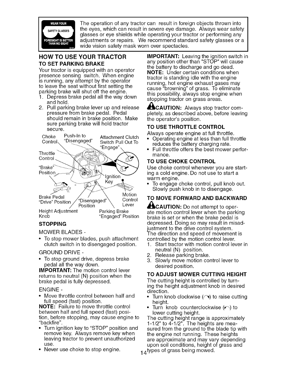 How to use your tractor to set parking brake, Stopping, To use throttle control | To use choke control, To move forward and backward | Craftsman 917.276240 User Manual | Page 14 / 60