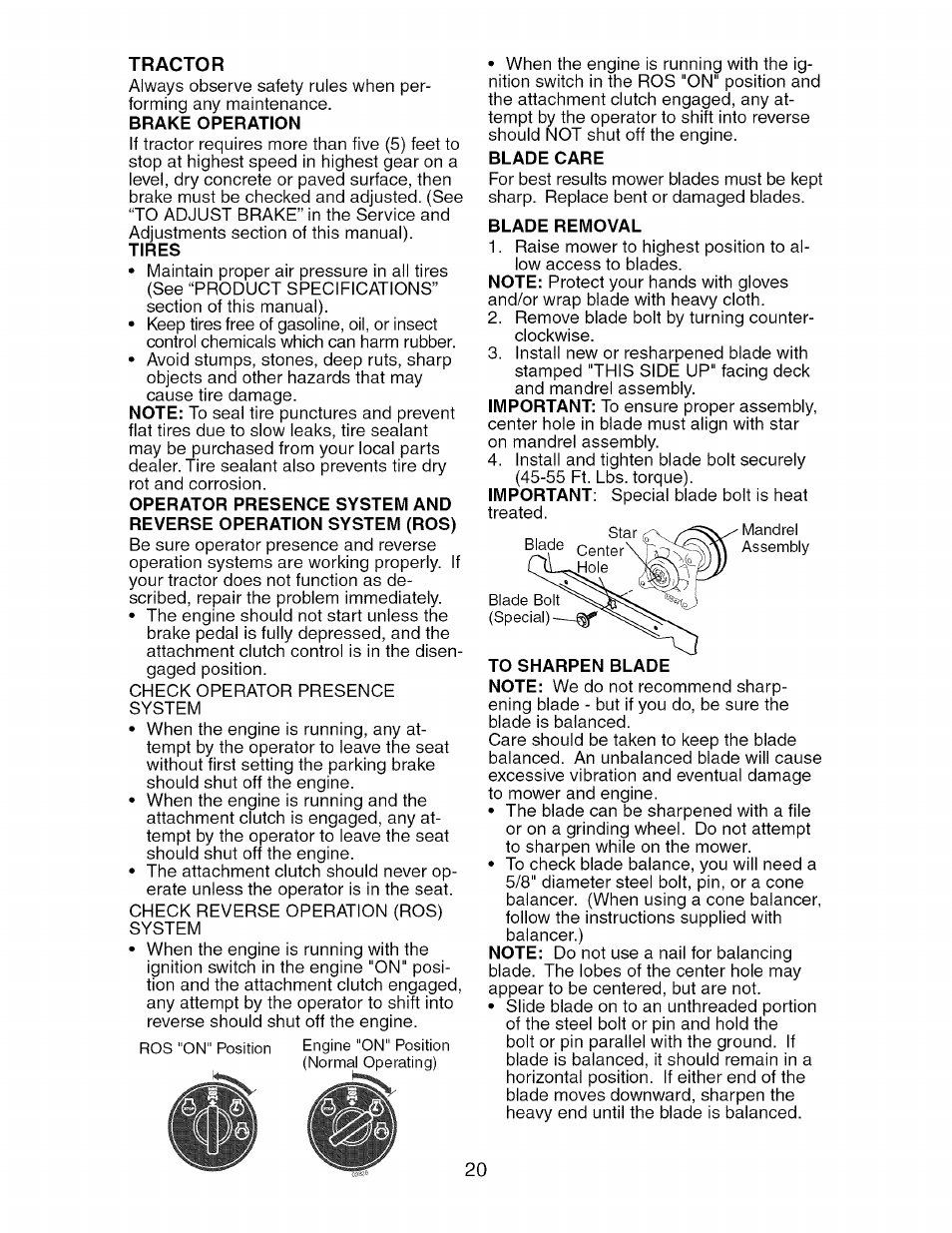 Tractor, Brake operation, Blade care | Blade removal | Craftsman 917.276240 User Manual | Page 20 / 60