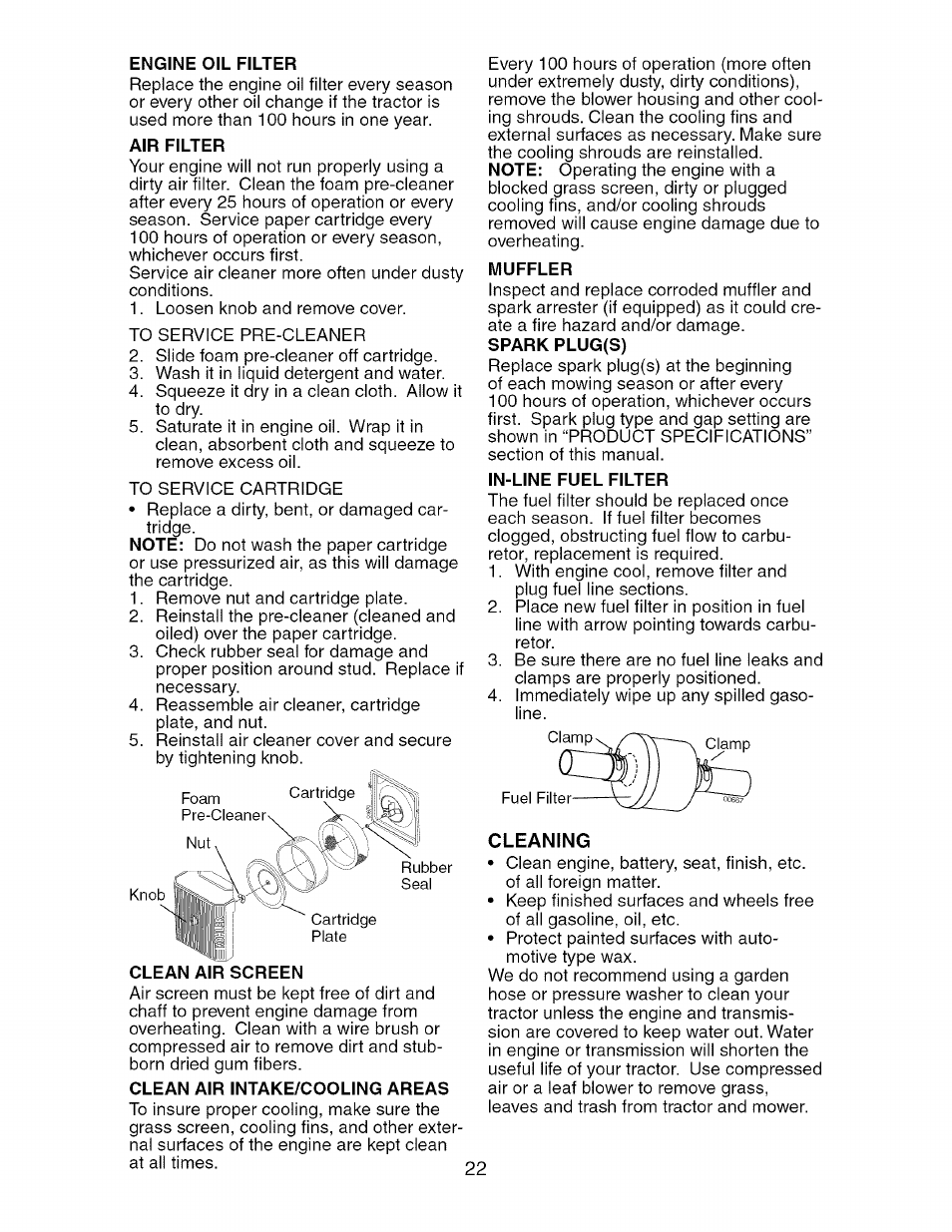 Engine oil filter, Air filter, Clean air screen | Clean air intake/cooling areas, Muffler, Spark plug(s), In-line fuel filter, Cleaning | Craftsman 917.276240 User Manual | Page 22 / 60