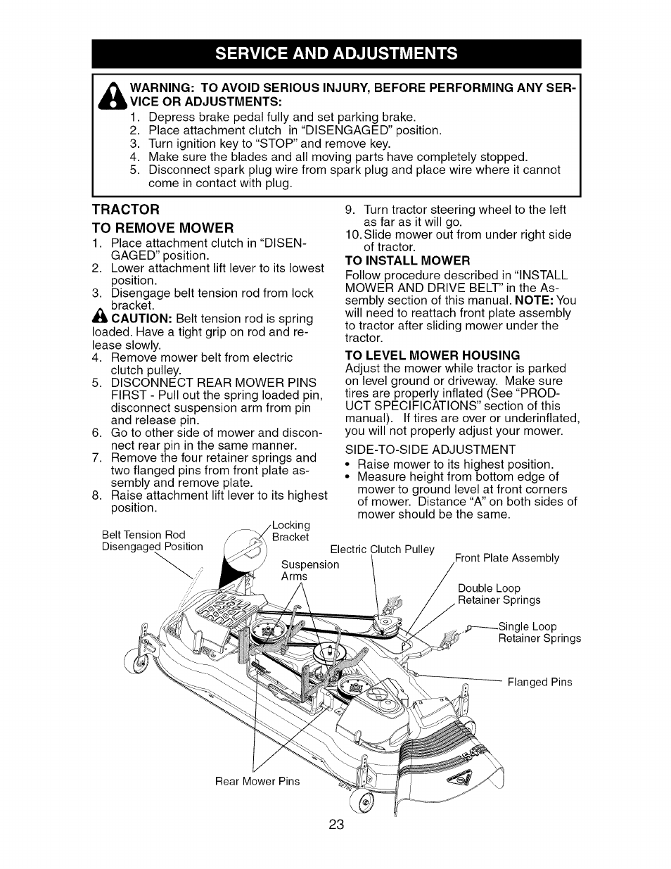 Tractor, To remove mower, To install mower | To level mower housing, Service and adjustments | Craftsman 917.276240 User Manual | Page 23 / 60