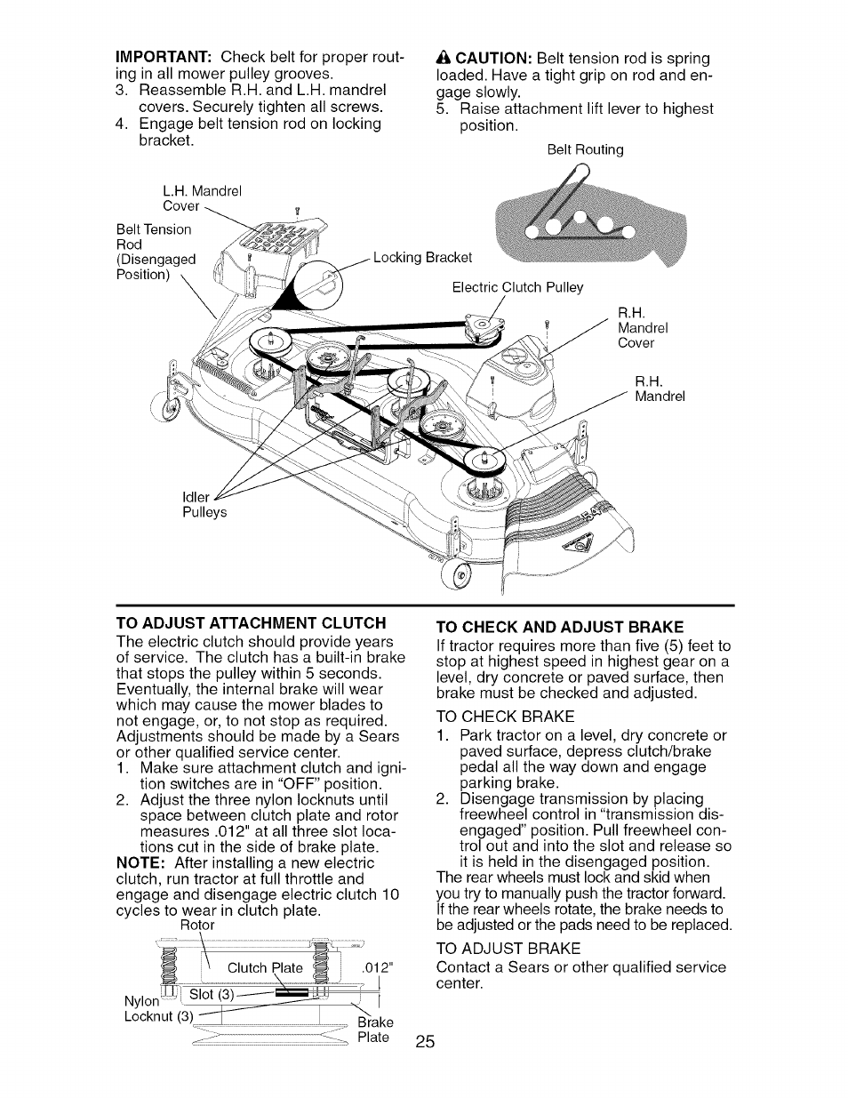 To adjust attachment clutch, To check and adjust brake | Craftsman 917.276240 User Manual | Page 25 / 60