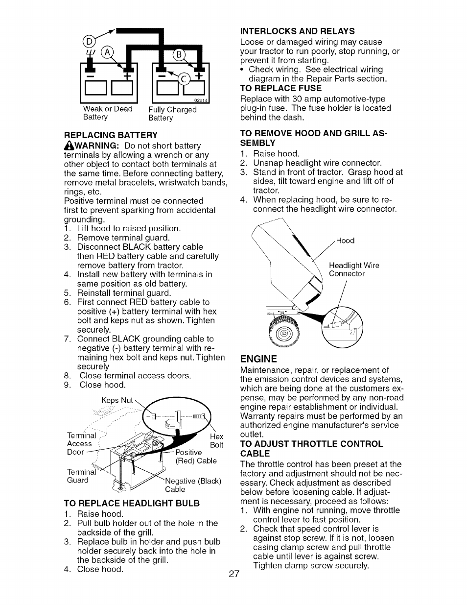 To replace headlight bulb, Interlocks and relays, To remove hood and grill assembly | Engine, To adjust throttle control cable | Craftsman 917.276240 User Manual | Page 27 / 60
