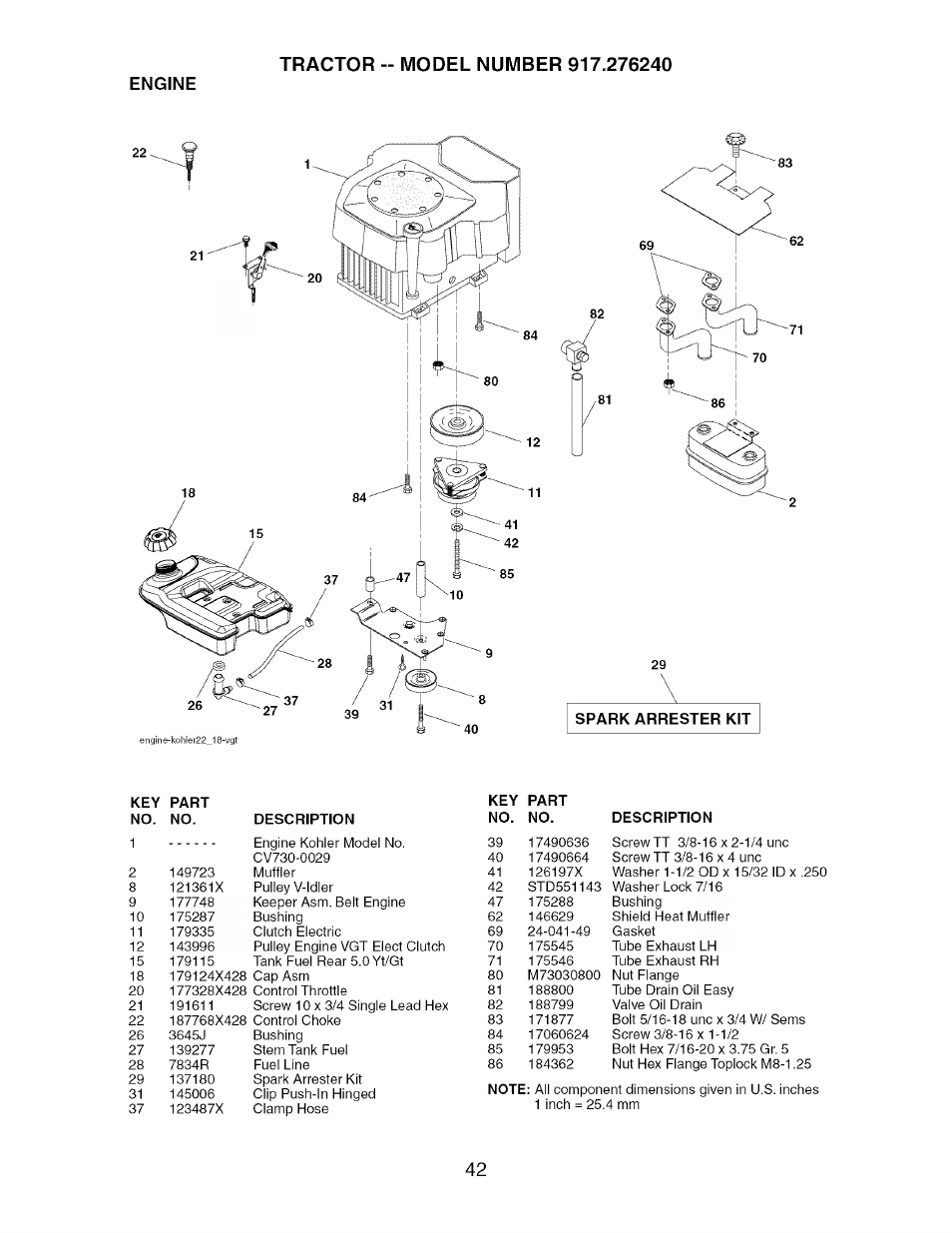 Engine, Spark arrester kit | Craftsman 917.276240 User Manual | Page 42 / 60