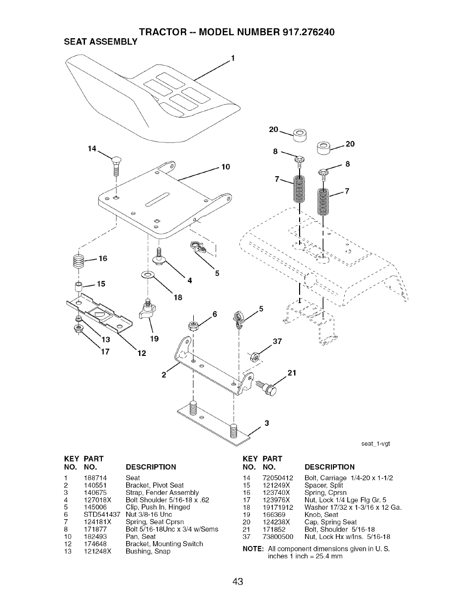 Seat assembly | Craftsman 917.276240 User Manual | Page 43 / 60