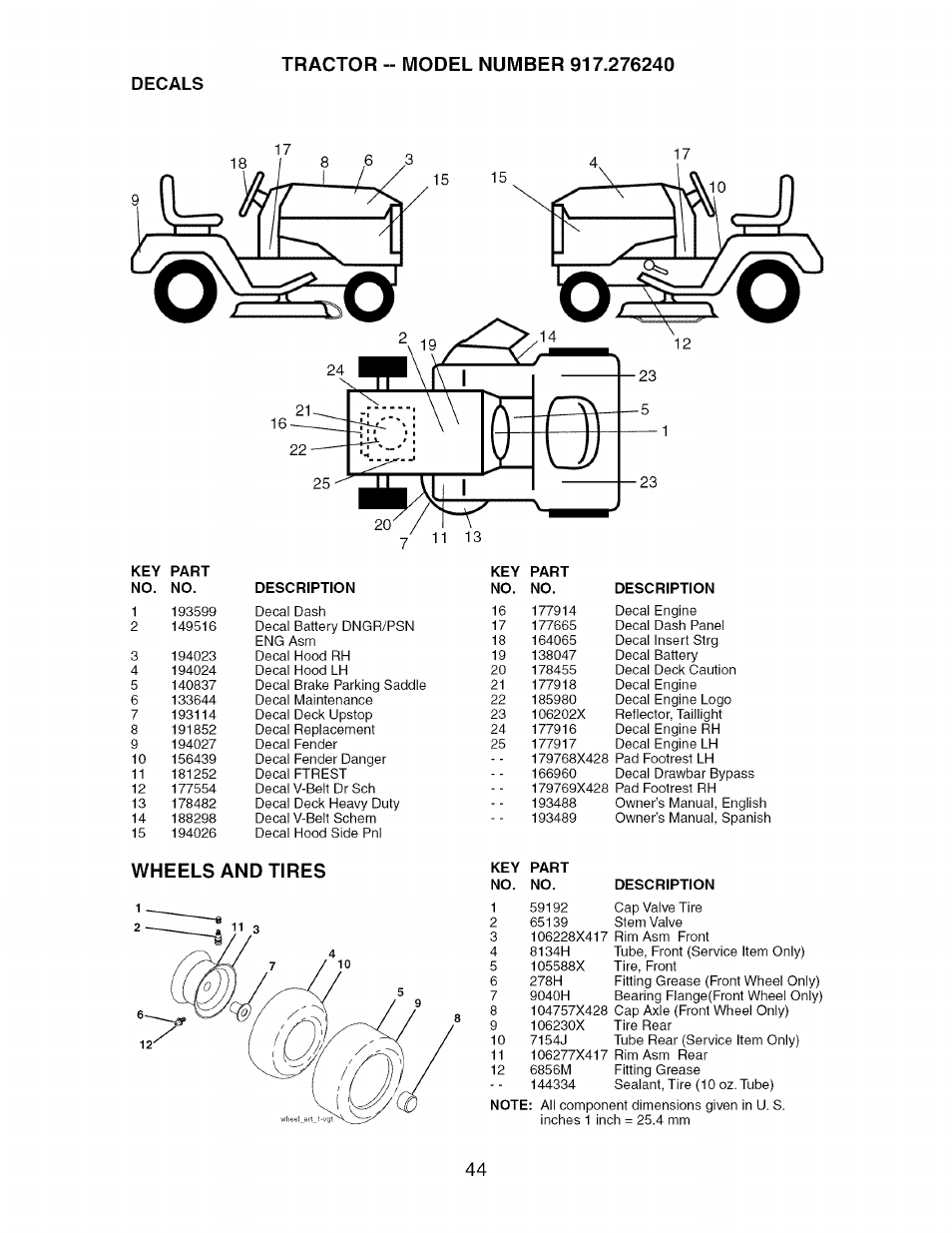 Decals, Wheels and tires | Craftsman 917.276240 User Manual | Page 44 / 60