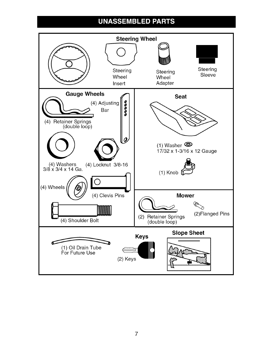 Steering wheel, Gauge wheels, Seat | Mower, Keys, Slope sheet, Unassembled parts | Craftsman 917.276240 User Manual | Page 7 / 60