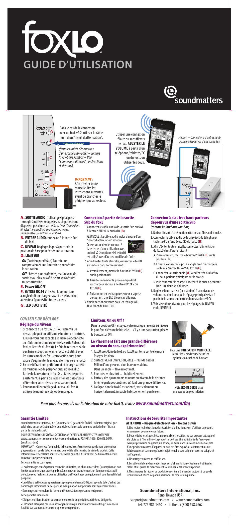 Guide d’utilisation, Conseils de réglage | Soundmatters FOXLO User Manual | Page 2 / 3