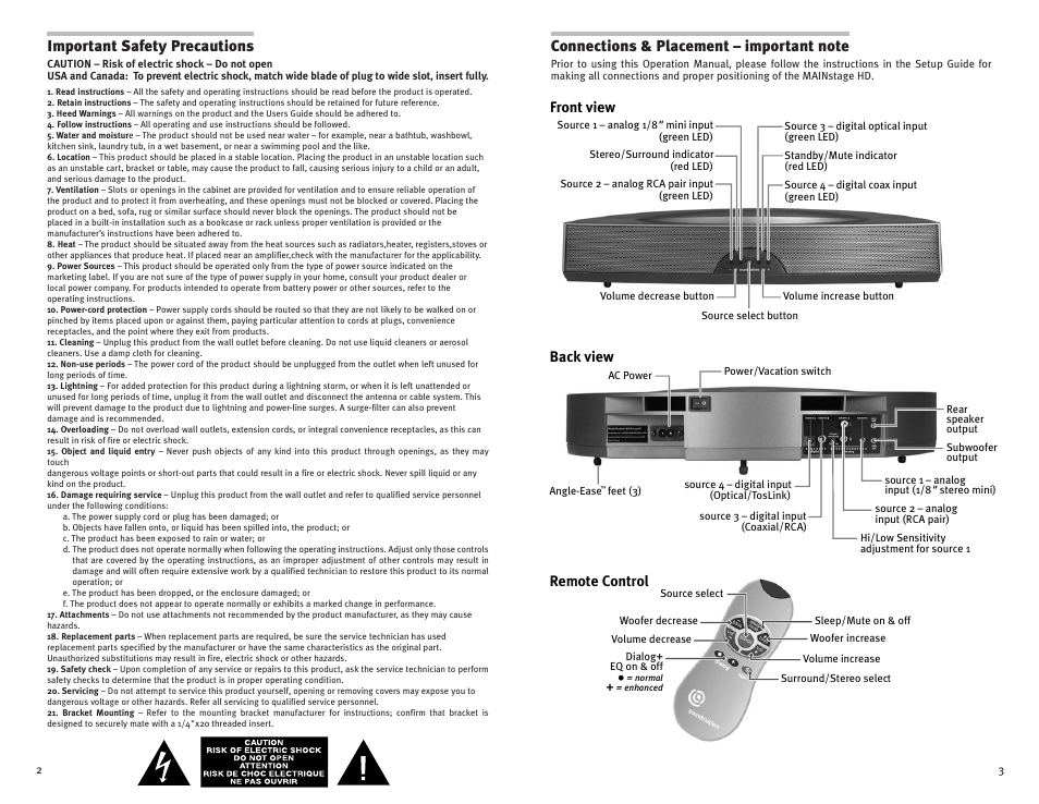 Important safety precautions | Soundmatters MAINstage HD Manual User Manual | Page 2 / 6