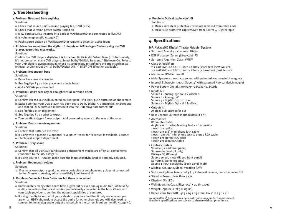 Specifications, Troubleshooting | Soundmatters MAINstage HD Manual User Manual | Page 5 / 6