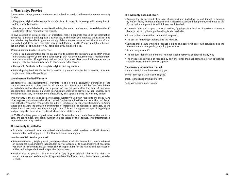 Warranty/service | Soundmatters MAINstage HD Manual User Manual | Page 6 / 6