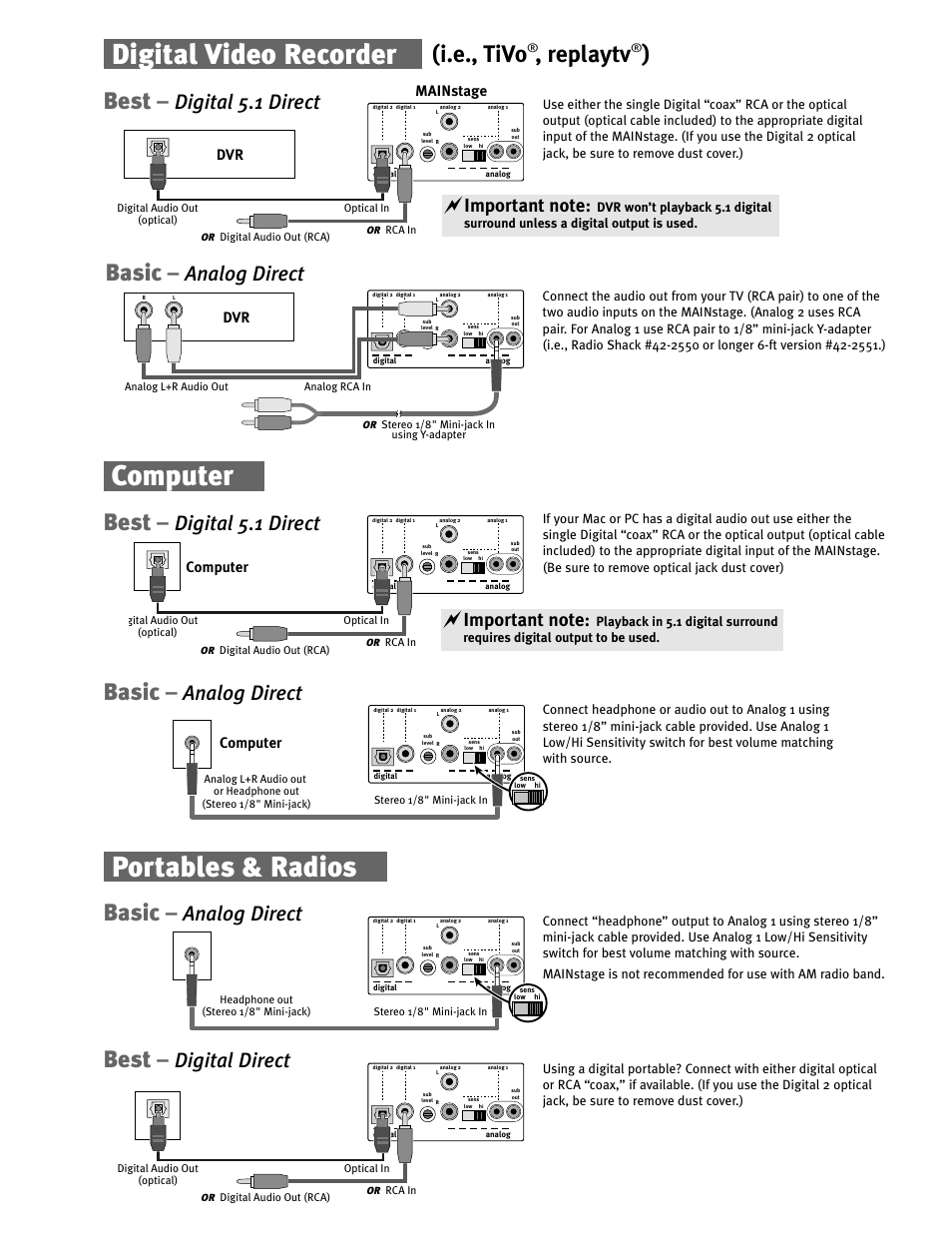 Digital video recorder, Portables & radios, Best | I.e., tivo, Replaytv, Basic, Digital 5.1 direct, Digital direct, Analog direct, Dvr mainstage | Soundmatters MAINstage Set-up Guide User Manual | Page 3 / 4