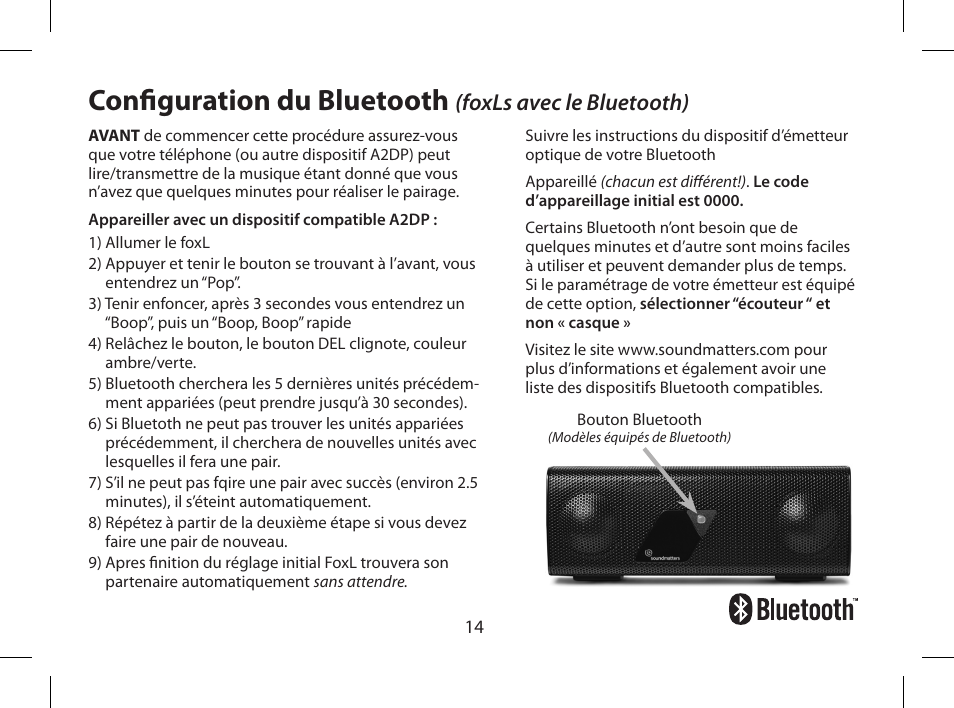 Configuration du bluetooth, Foxls avec le bluetooth) | Soundmatters FOXL User Manual | Page 15 / 52
