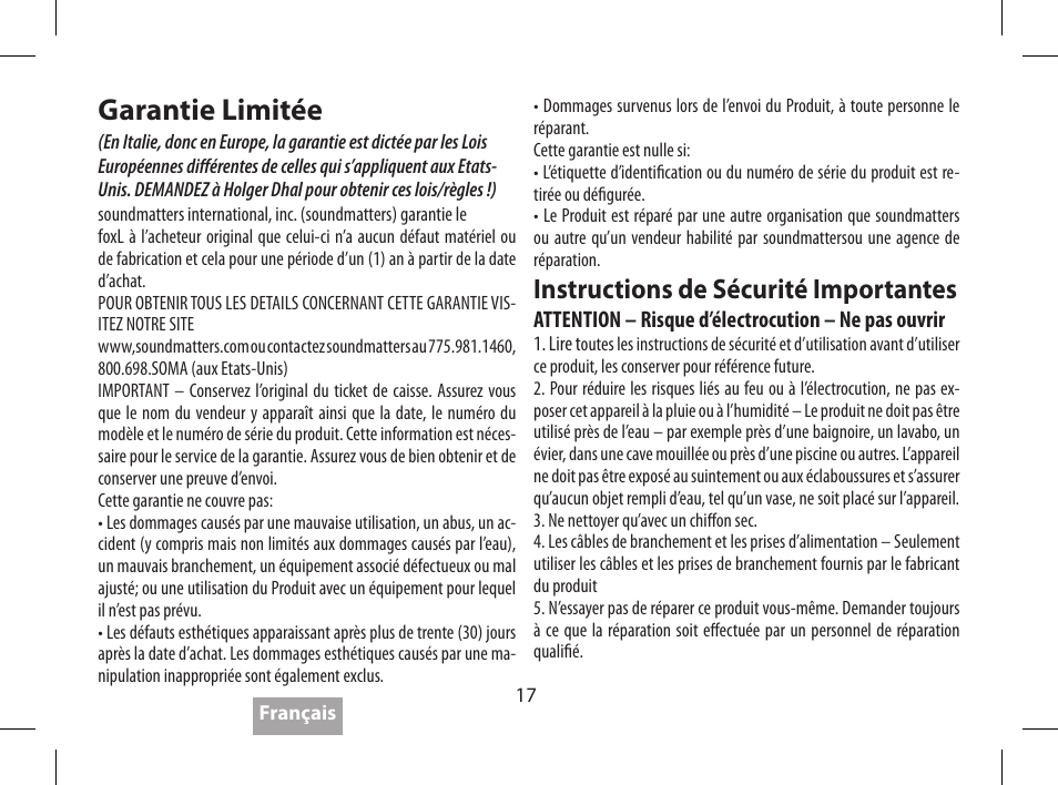 Garantie limitée, Instructions de sécurité importantes, Attention – risque d’électrocution – ne pas ouvrir | Soundmatters FOXL User Manual | Page 18 / 52