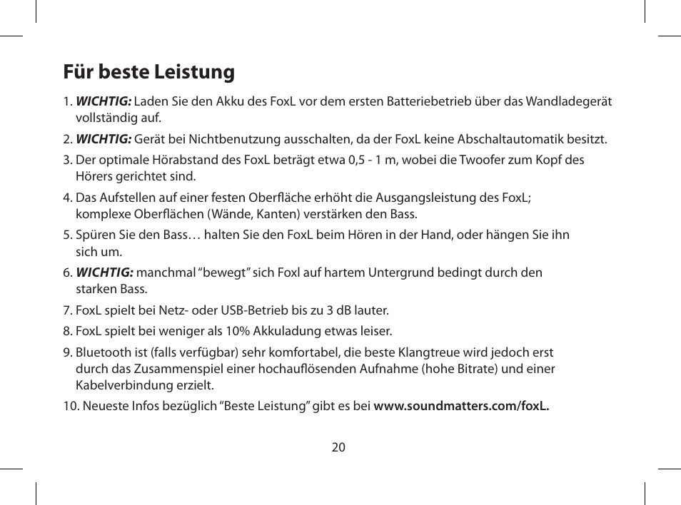 Für beste leistung | Soundmatters FOXL User Manual | Page 21 / 52