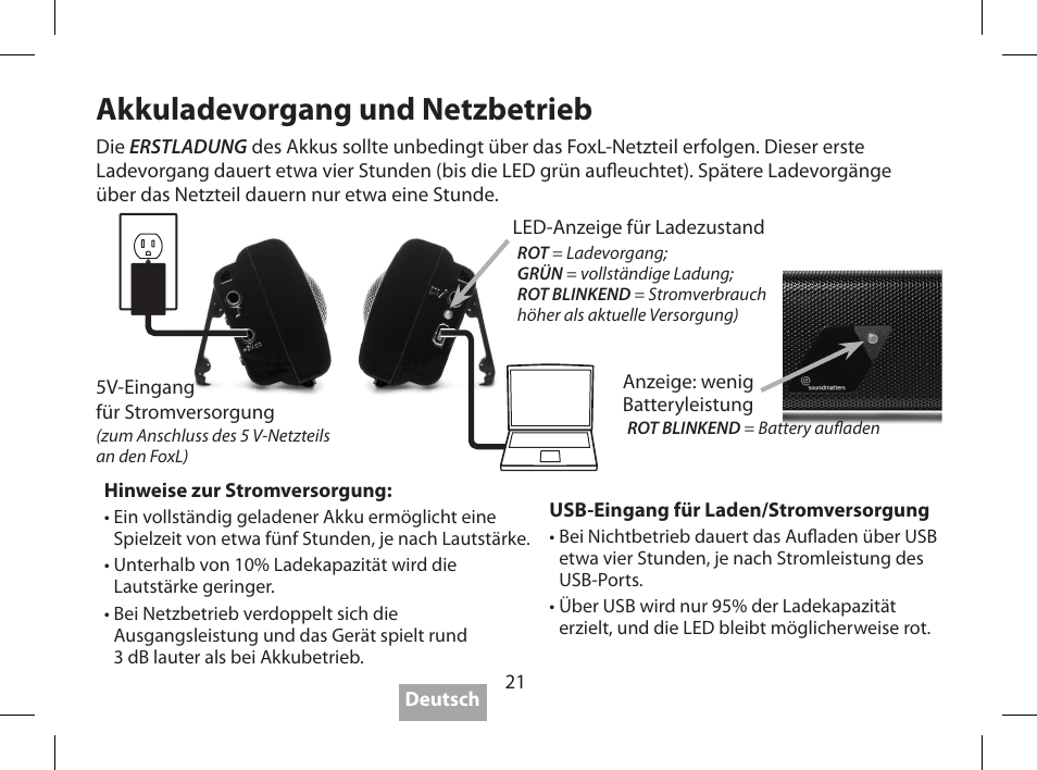 Akkuladevorgang und netzbetrieb | Soundmatters FOXL User Manual | Page 22 / 52