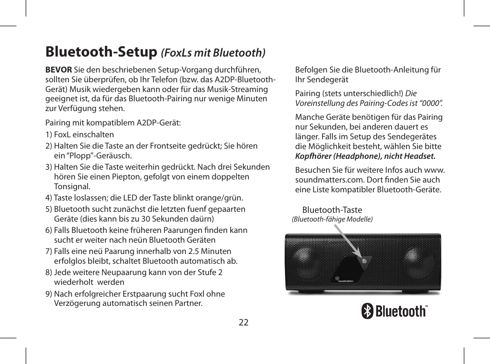 Bluetooth-setup, Foxls mit bluetooth) | Soundmatters FOXL User Manual | Page 23 / 52