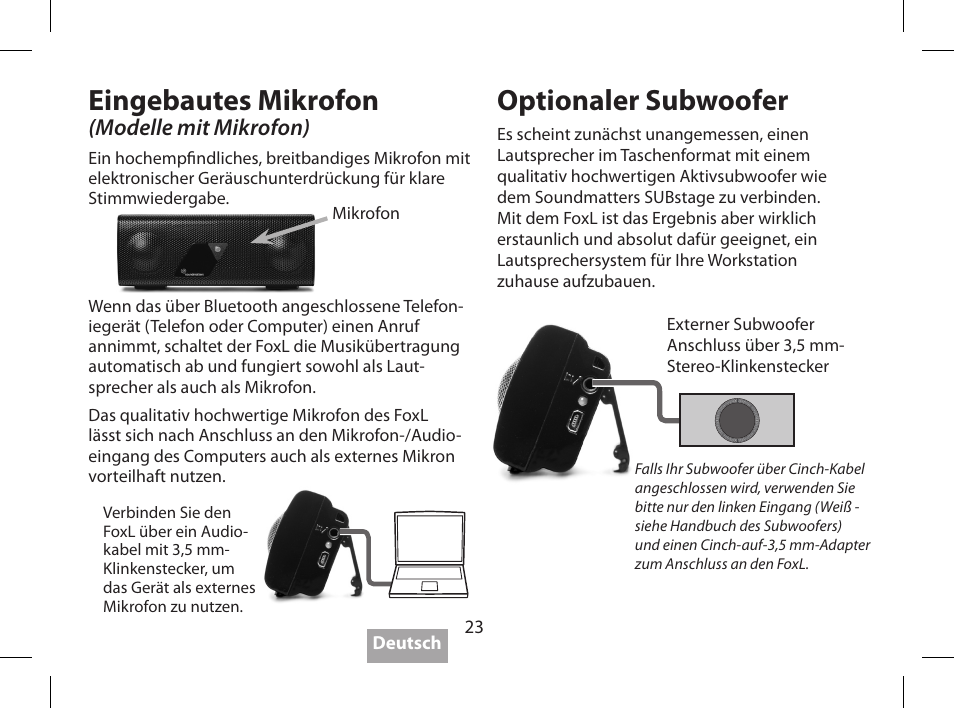 Eingebautes mikrofon, Optionaler subwoofer, Modelle mit mikrofon) | Soundmatters FOXL User Manual | Page 24 / 52