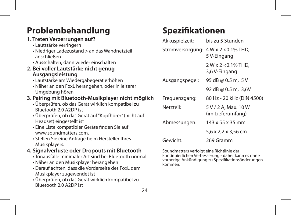 Problembehandlung, Spezifikationen | Soundmatters FOXL User Manual | Page 25 / 52