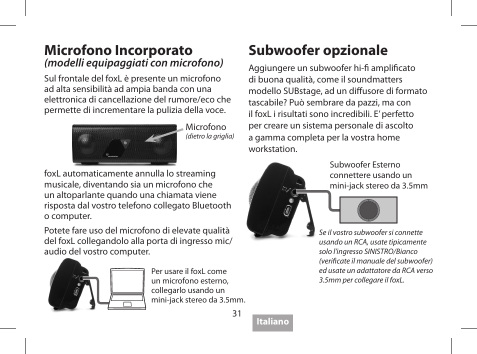 Microfono incorporato, Subwoofer opzionale, Modelli equipaggiati con microfono) | Soundmatters FOXL User Manual | Page 32 / 52