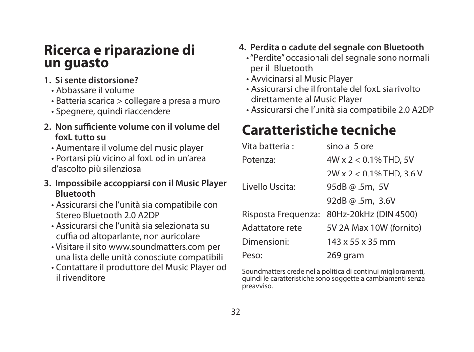Ricerca e riparazione di un guasto, Caratteristiche tecniche | Soundmatters FOXL User Manual | Page 33 / 52