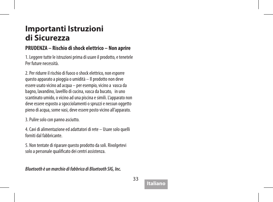 Caratteristiche tecniche, Importanti istruzioni di sicurezza | Soundmatters FOXL User Manual | Page 34 / 52