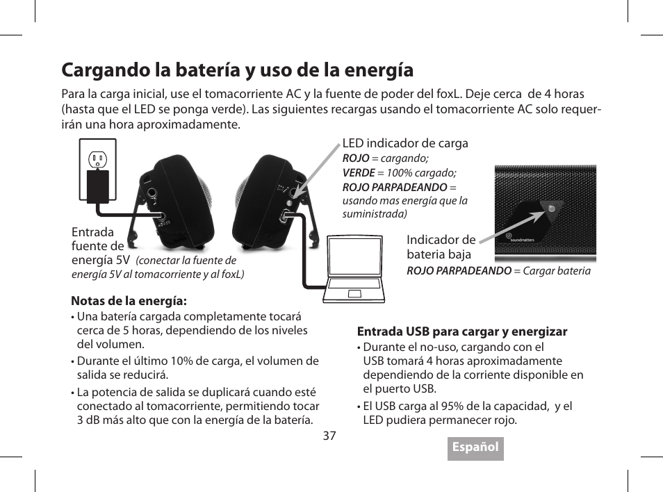 Cargando la batería y uso de la energía | Soundmatters FOXL User Manual | Page 38 / 52
