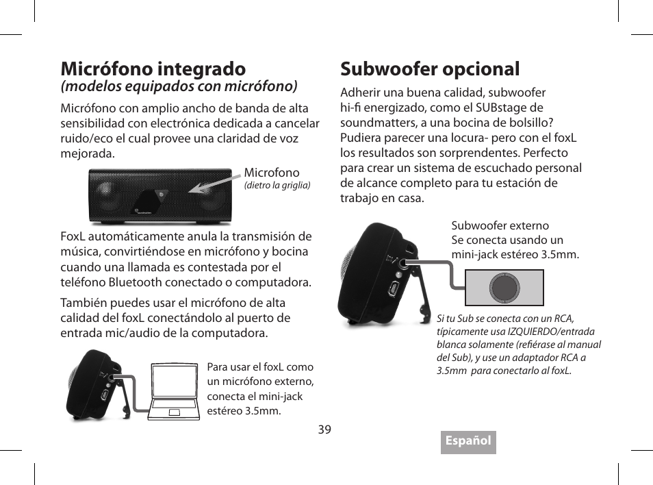 Micrófono integrado, Subwoofer opcional, Modelos equipados con micrófono) | Soundmatters FOXL User Manual | Page 40 / 52