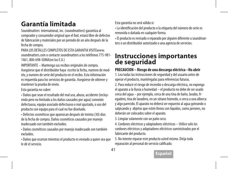 Garantía limitada, Instrucciones importantes de seguridad | Soundmatters FOXL User Manual | Page 42 / 52