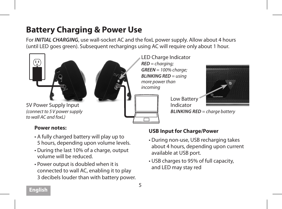 Battery charging & power use | Soundmatters FOXL User Manual | Page 6 / 52