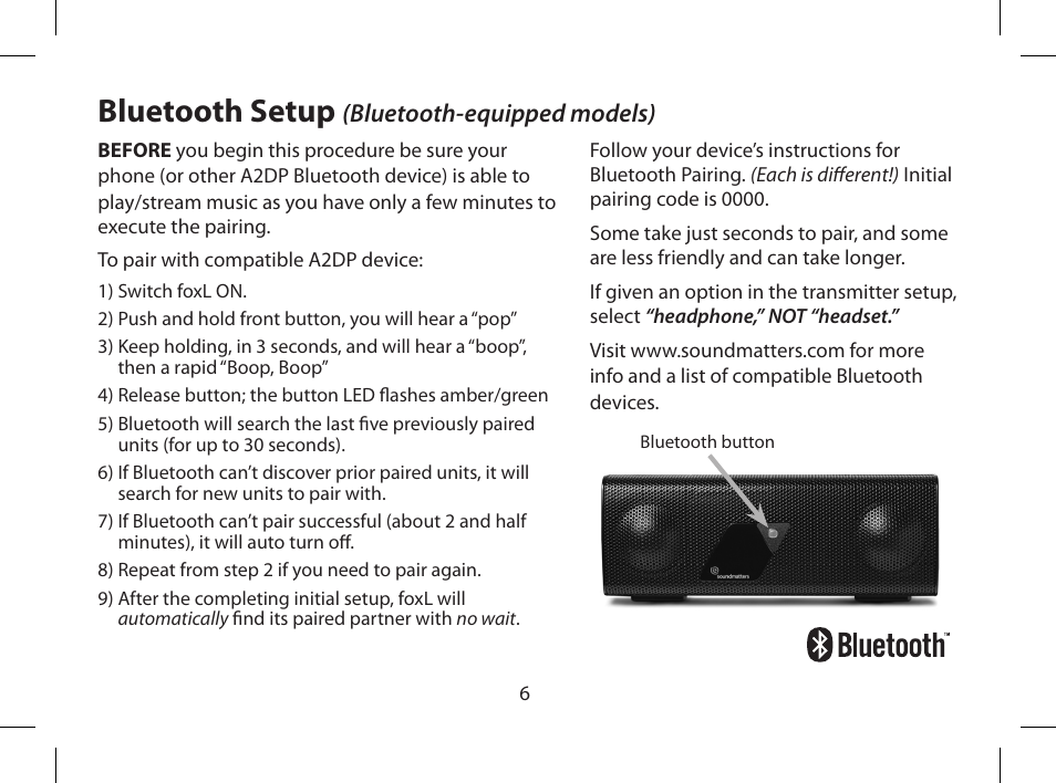 Bluetooth setup, Bluetooth-equipped models) | Soundmatters FOXL User Manual | Page 7 / 52