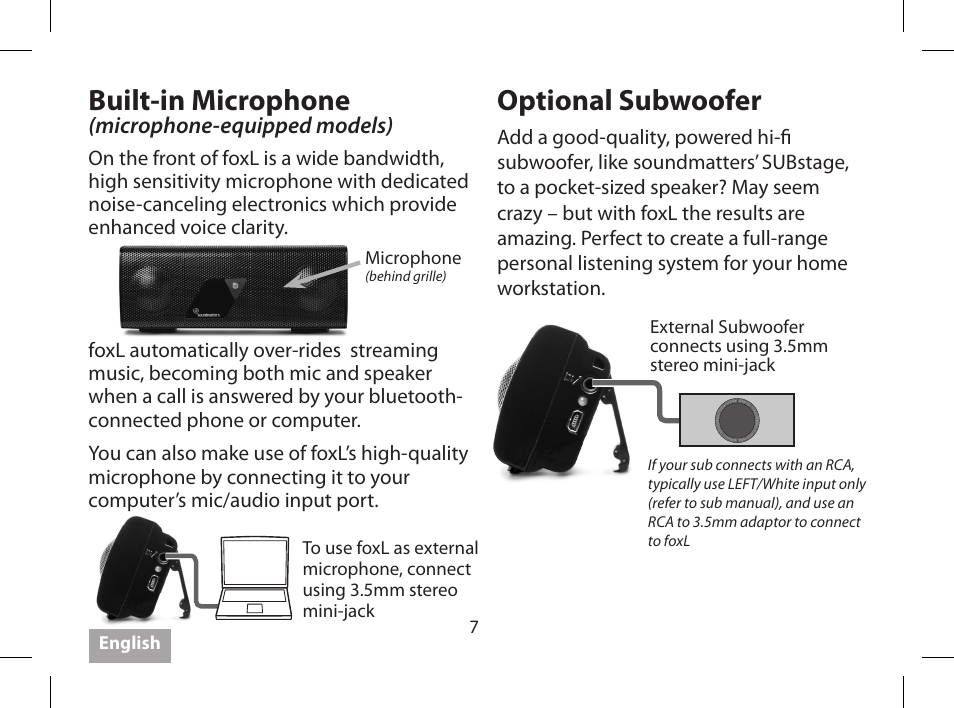 Built-in microphone, Optional subwoofer | Soundmatters FOXL User Manual | Page 8 / 52