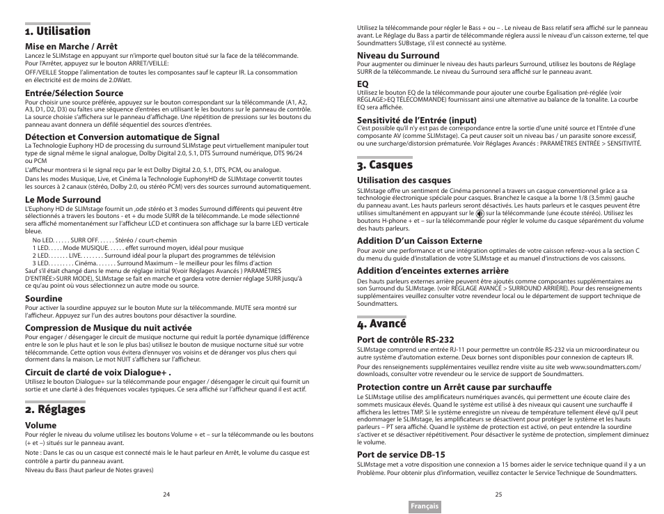 Casques, Avancé, Utilisation | Réglages | Soundmatters SLIMstage Manual User Manual | Page 13 / 56