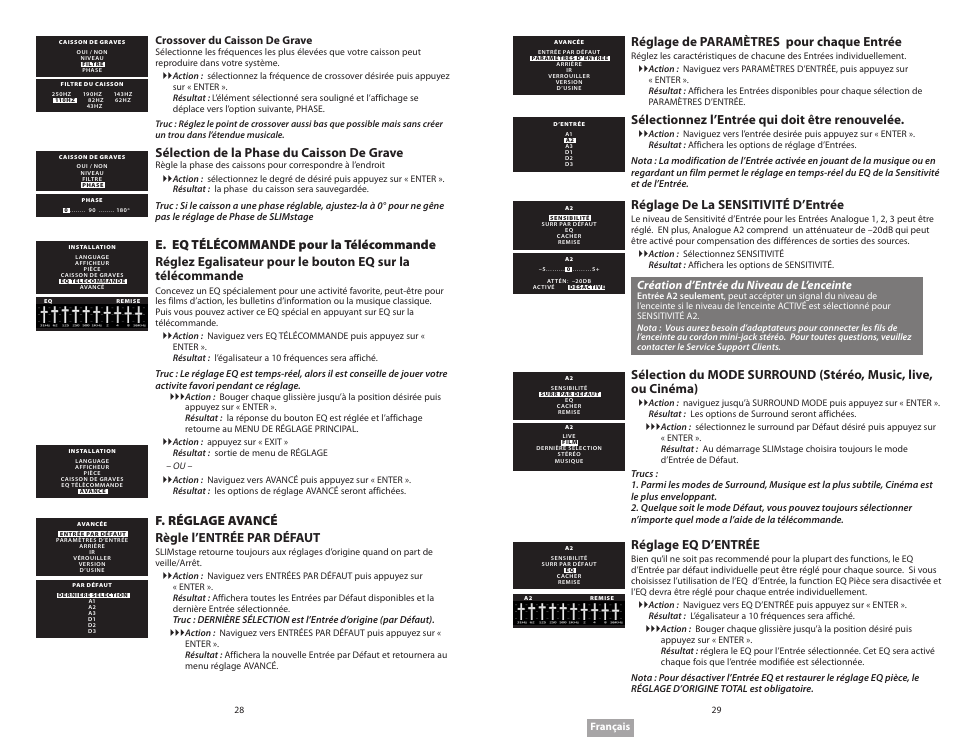 Sélection de la phase du caisson de grave, F. réglage avancé règle l’entrée par défaut, Réglage de paramètres pour chaque entrée | Sélectionnez l’entrée qui doit être renouvelée, Réglage de la sensitivité d’entrée, Réglage eq d’entrée, Création d’entrée du niveau de l’enceinte, Crossover du caisson de grave | Soundmatters SLIMstage Manual User Manual | Page 15 / 56