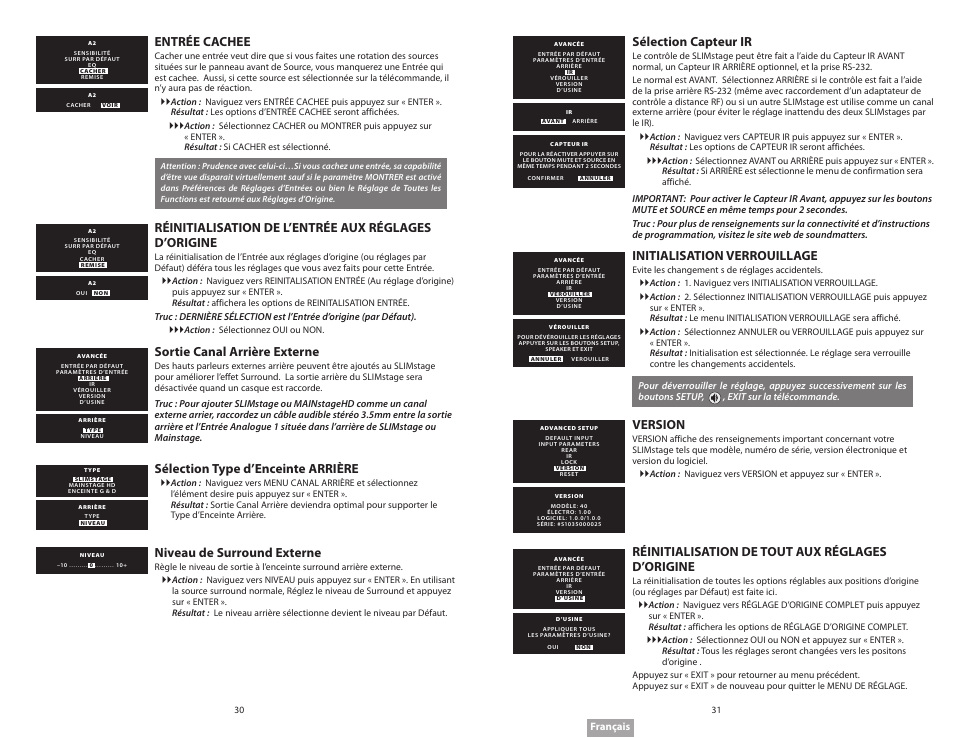Entrée cachee, Sortie canal arrière externe, Sélection type d’enceinte arrière | Niveau de surround externe, Sélection capteur ir, Initialisation verrouillage, Version, Réinitialisation de tout aux réglages d’origine | Soundmatters SLIMstage Manual User Manual | Page 16 / 56