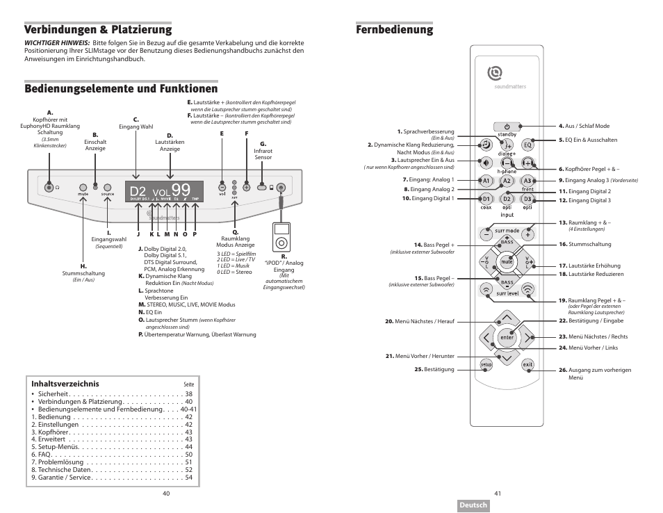 Verbindungen & platzierung, Bedienungselemente und funktionen fernbedienung | Soundmatters SLIMstage Manual User Manual | Page 21 / 56